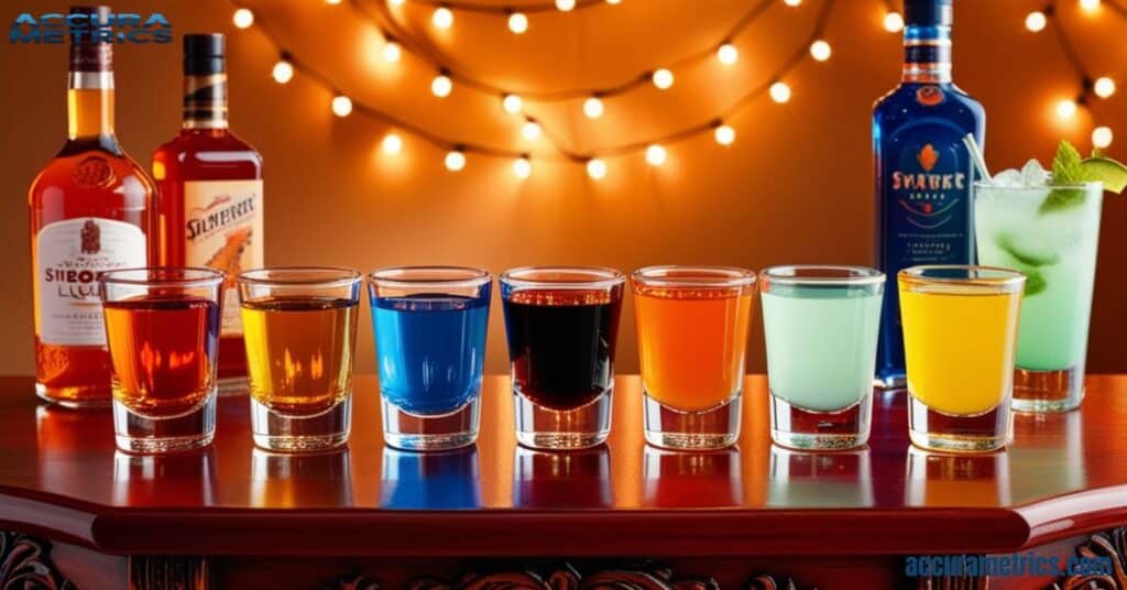 Several shot glasses filled with vibrant drinks, set in a lively bar environment, showcasing 100 ml capacity.