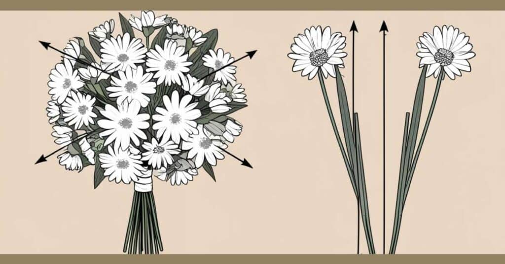 Diagram showing how to measure the diameter and height of a flower bouquet, with labels on a sample bouquet.