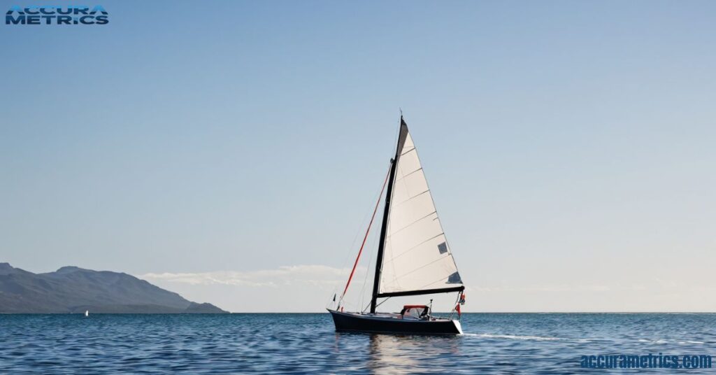 A small sailboat sailing on a calm sea, with its sail catching the wind.