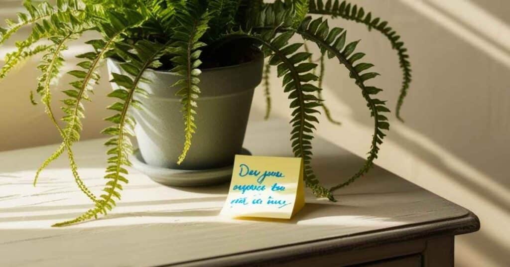 2 inches Small sticky note with a handwritten note on a desk with plants.