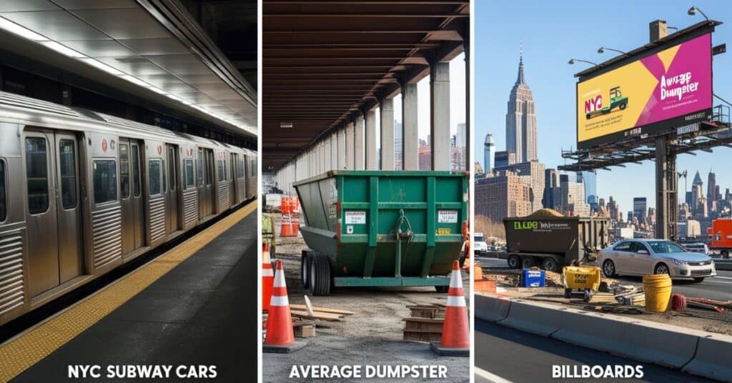 NYC subway cars on a crowded platform, a construction site with a dumpster, and colorful billboards having 25 feet.