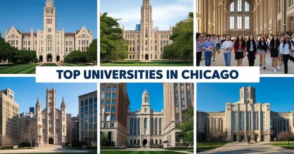 Collage of top Chicago universities University of Chicago, Northwestern, Loyola, DePaul, and University of Michigan.