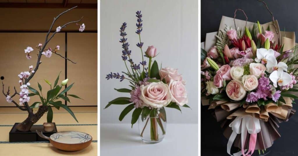 Contrast between traditional Japanese Ikebana style bouquet and Western full bouquet for cultural comparison.