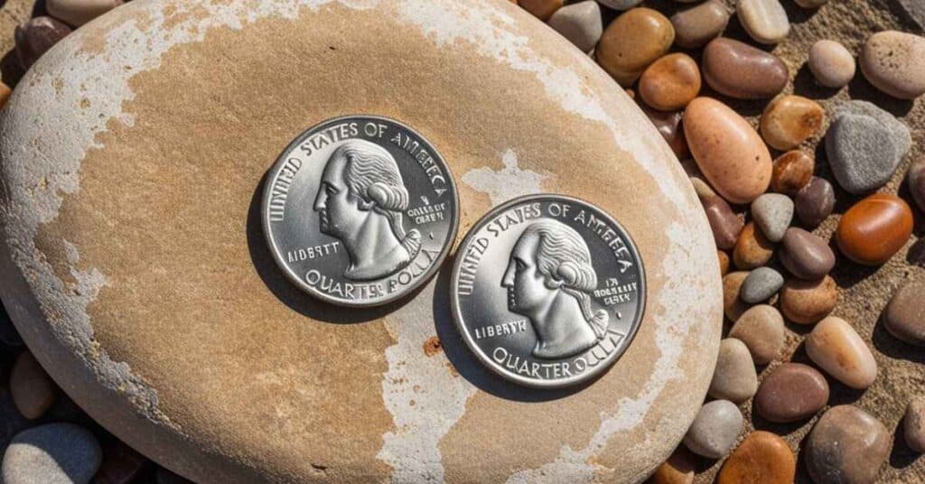 Present two US quarters stacked side by side on a table, with a focus on their distinctive designs.