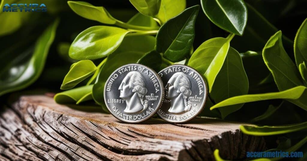 Close-up of two US quarter dollars on a wooden surface surrounded by green leaves.