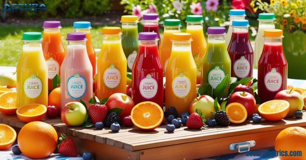 A wooden picnic table displaying various juice bottles surrounded by fresh fruits, set in a sunny garden, highlighting the freshness and vibrancy of summer beverages.