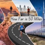 Collage depicting 50 mile distance across various landscapes and activities.