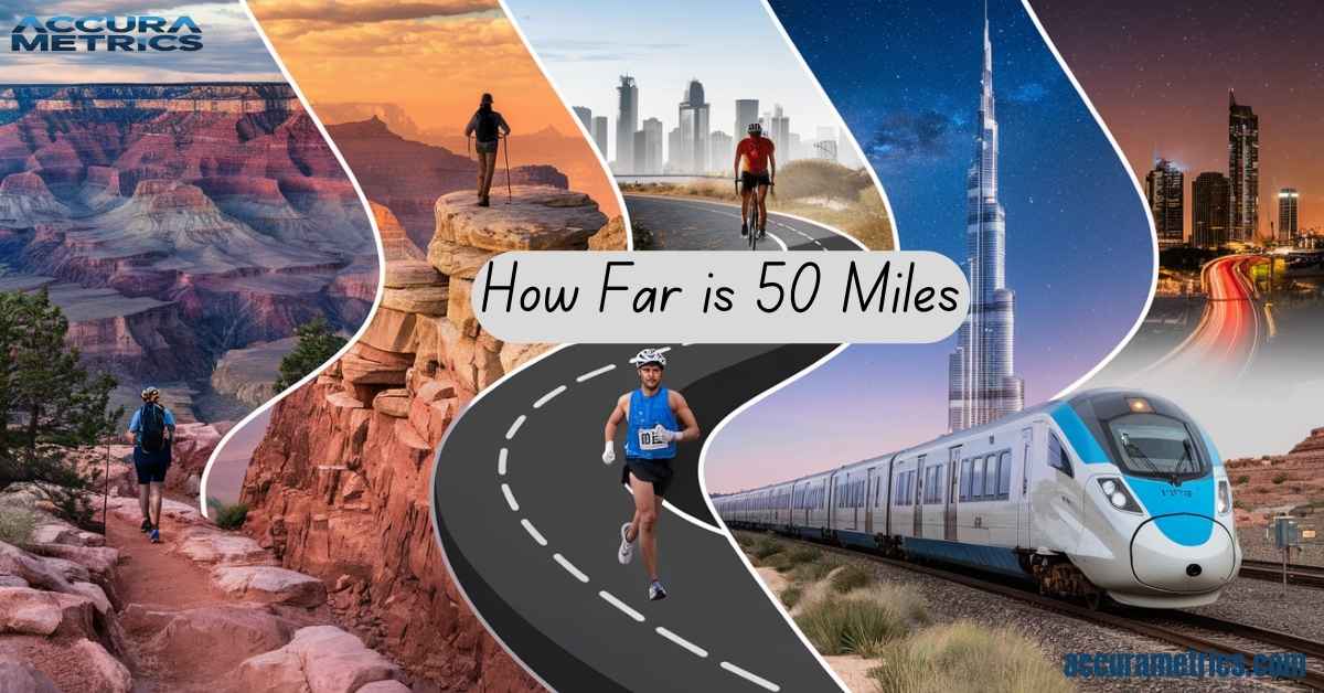 Collage depicting 50 mile distance across various landscapes and activities.