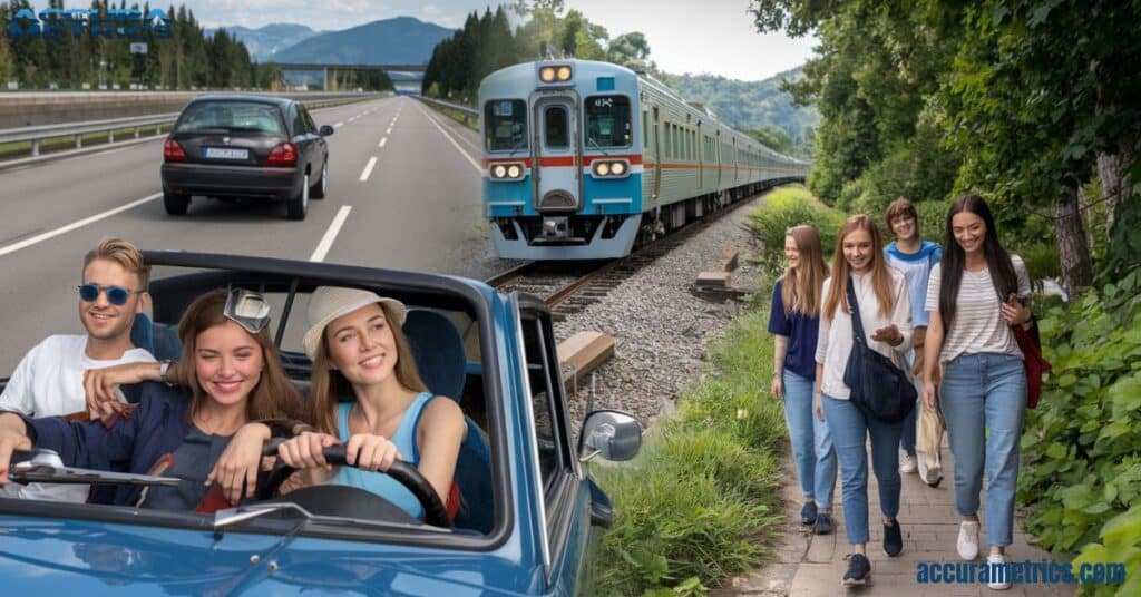 A group of friends using various modes of transportation, illustrating the joy of travel adventures.