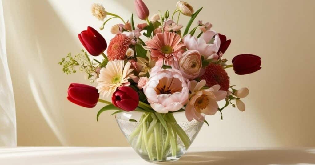 A vibrant flower bouquet in a glass vase displayed in a floral shop.