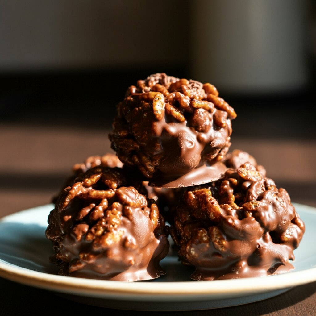 WW Chocolate Rice Krispie Balls Recipe Close-up of homemade WW Chocolate Rice Krispie Balls stacked on a plate, showing glossy chocolate and crispy cereal, captured in natural light with a mobile phone.