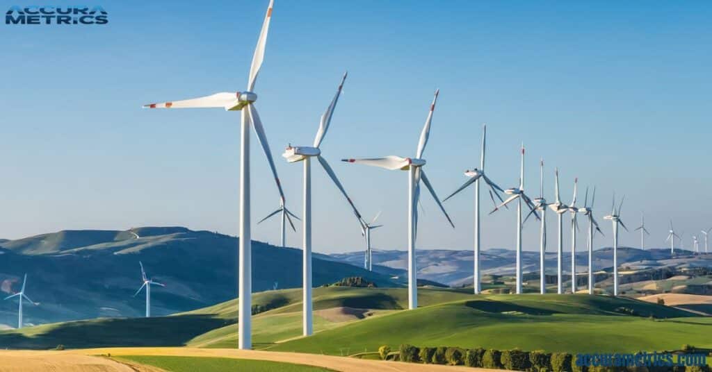 A landscape view of towering wind turbines with blades extending up to 351 feet, emphasizing their impressive scale in renewable energy.