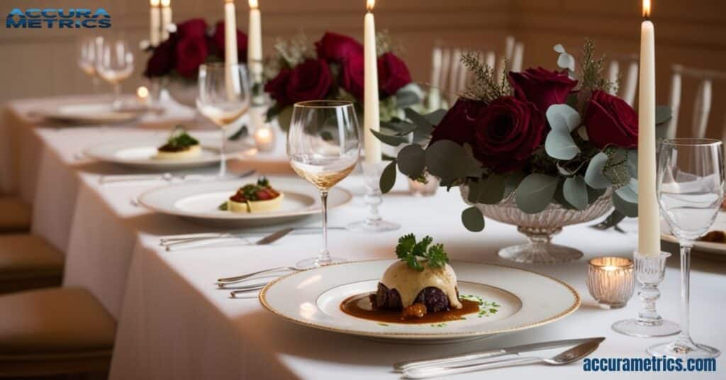 A filled wine glass elegantly placed on a dining table, illustrating a 100 ml measure within a cozy dining atmosphere.