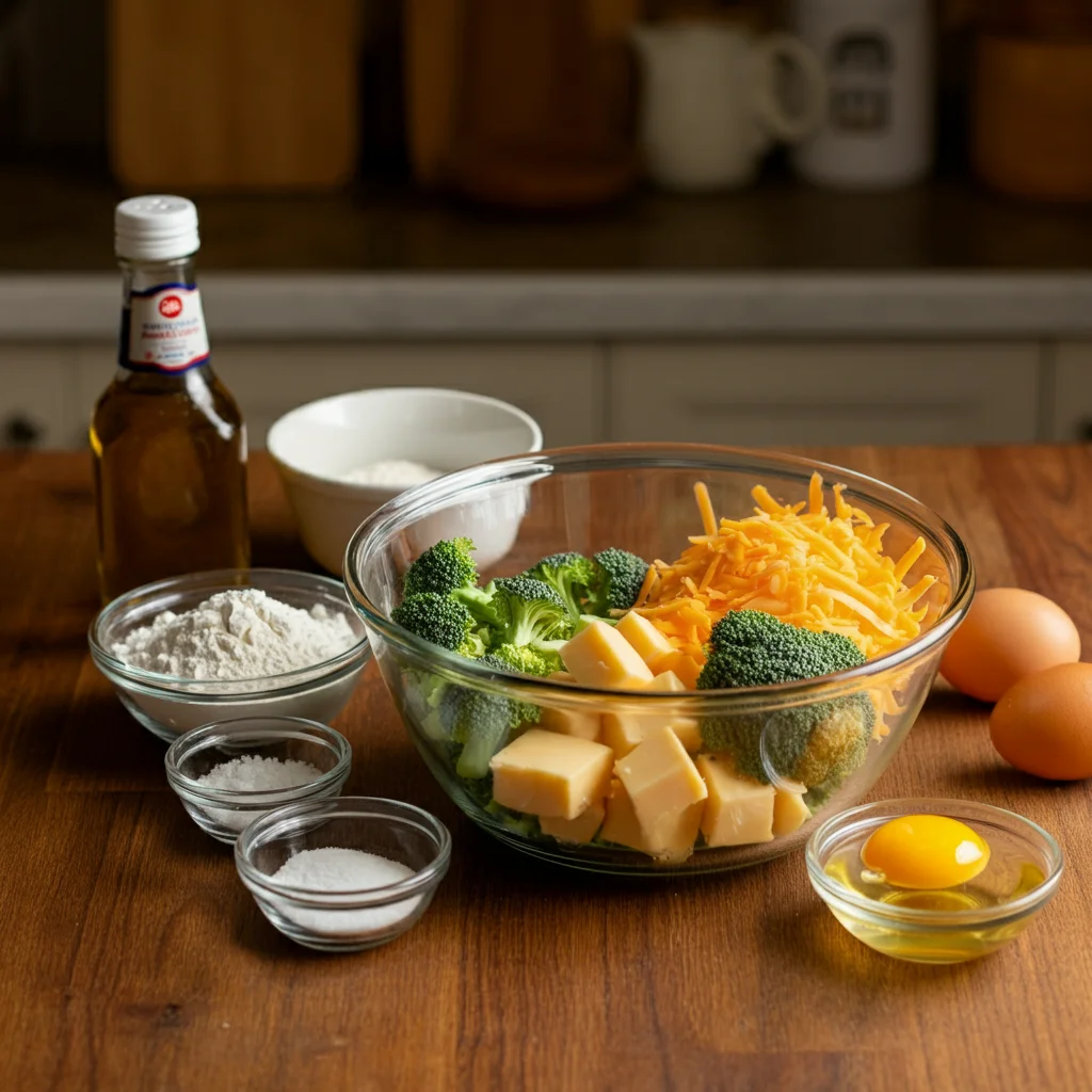 WW Broccoli Cheese Balls Ingredients for broccoli cheese balls in a glass bowl with small bowls of seasonings on a wooden table.
