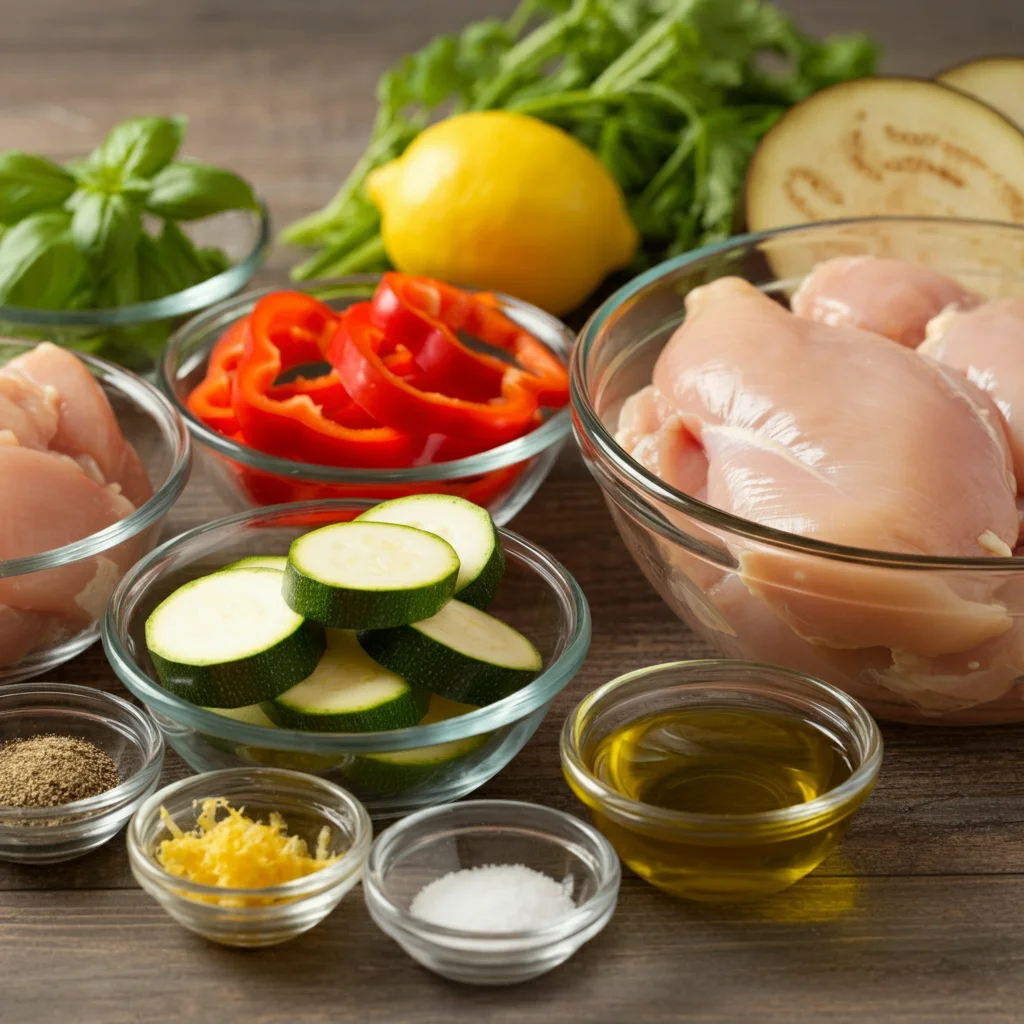 WW Grilled Chicken with Seasoned Vegetables Ingredients for WW Grilled Chicken with Seasoned Vegetables in small bowls on a wooden surface, including chicken, zucchini, red bell pepper, eggplant, spices, lemon zest, and olive oil.