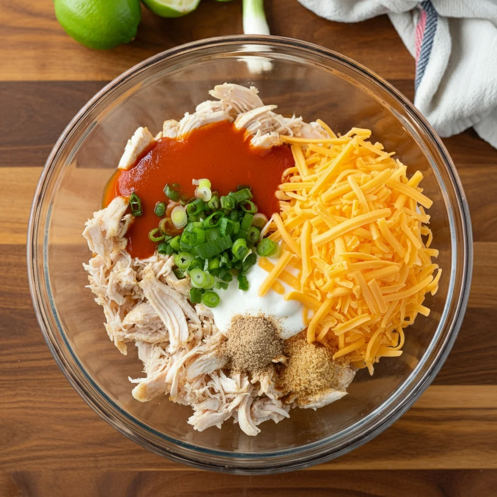 WW Buffalo Chicken Folded Wraps Top-down view of shredded chicken, buffalo sauce, cheddar cheese, green onions, and garlic powder mixed in a glass bowl on a wooden countertop, surrounded by lime wedges and a kitchen towel.