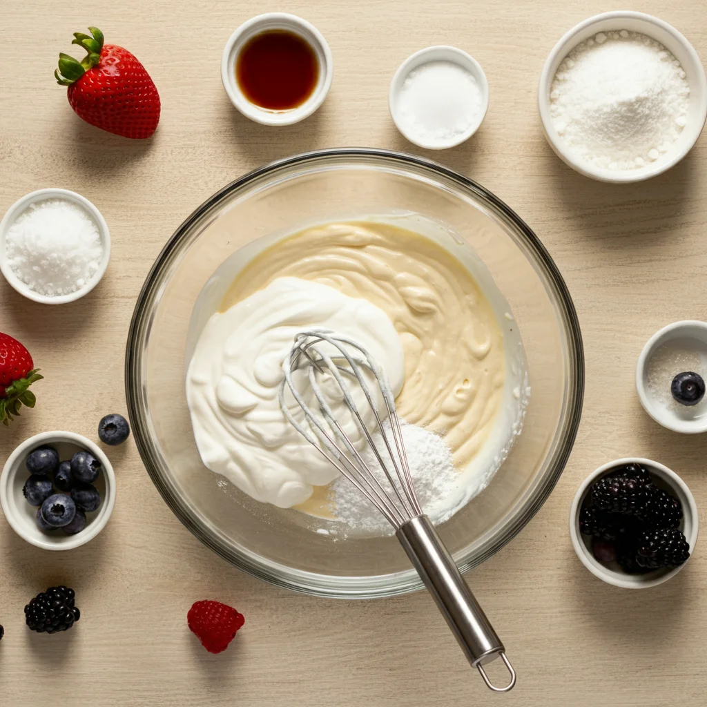 Keto Fluffy Cheesecake Glass bowl with softened cream cheese, heavy cream, powdered erythritol, and vanilla extract, surrounded by small dishes of fresh berries for garnish.