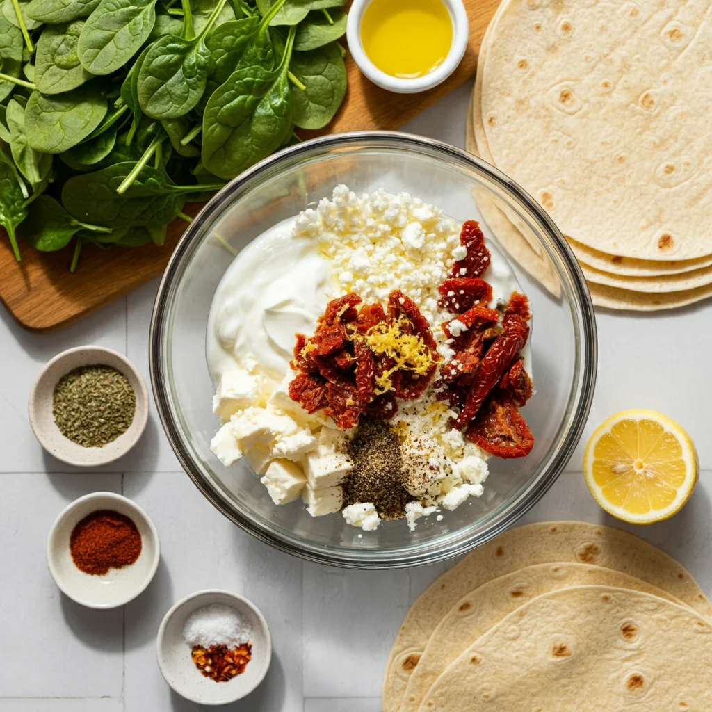 High-Protein Chicken, Spinach, and Feta Wraps Glass bowl with Greek yogurt, feta, sun-dried tomatoes, and spices. Fresh spinach, shredded chicken, tortillas, and a halved lemon on a wooden cutting board.