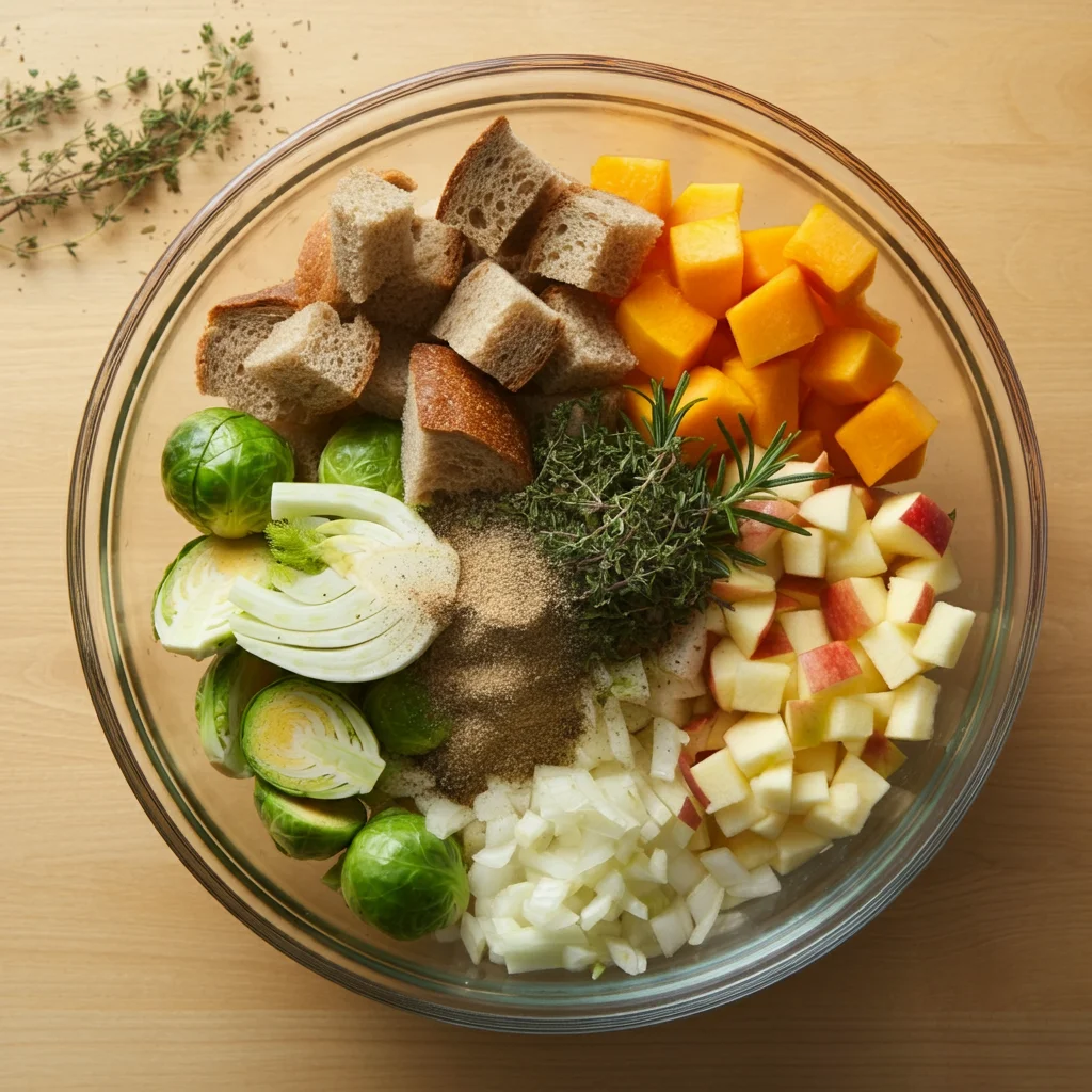 Roasted Vegetable & Herb Stuffing Ingredients for roasted vegetable and herb stuffing in a glass bowl on a wooden countertop.