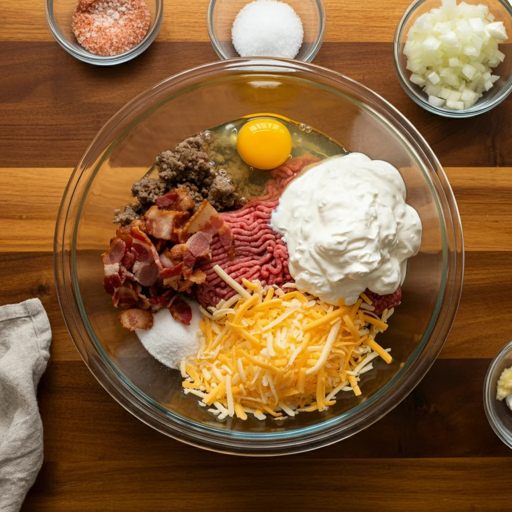 Carnivore Casserole Glass bowl with whisked eggs, ground meat, bacon, cheese, and cream on a wooden counter, surrounded by small ingredient bowls.
