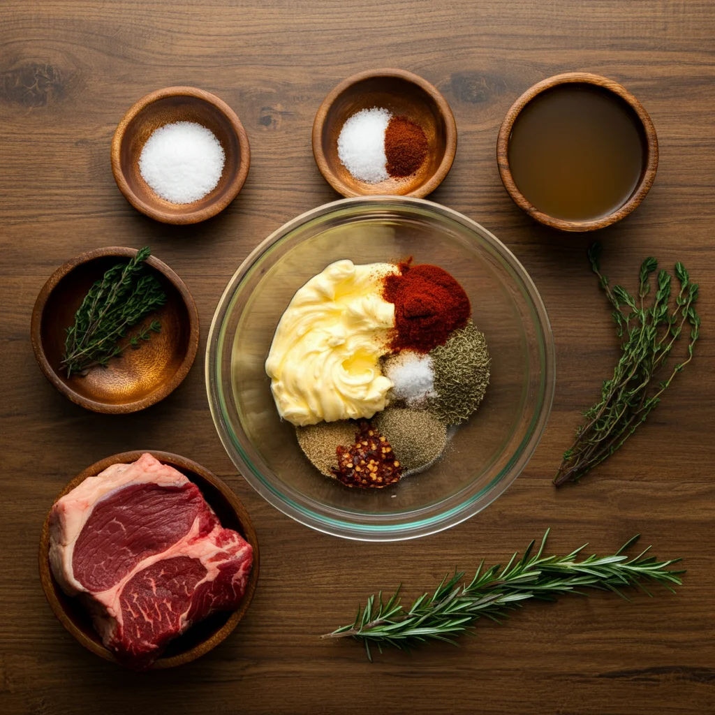 Carnivore Chuck Roast Glass bowl with butter and seasonings on a rustic counter, surrounded by beef chuck roast, bone broth, and herbs in small bowls.