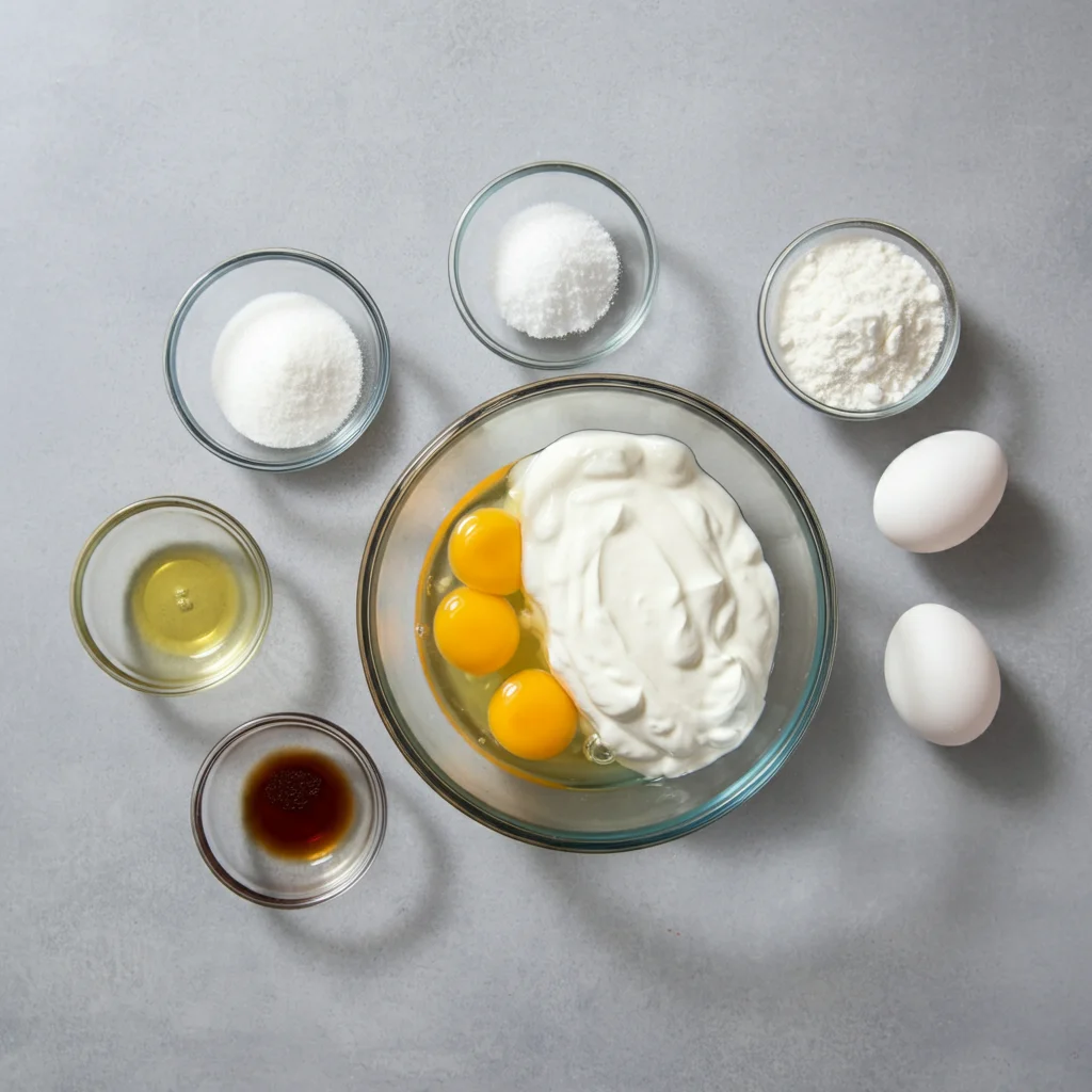 Zero Point Cheesecake Glass bowl filled with ingredients for zero-point cheesecake, surrounded by small bowls with eggs, vanilla extract, sugar-free pudding mix, and Splenda on a kitchen countertop.