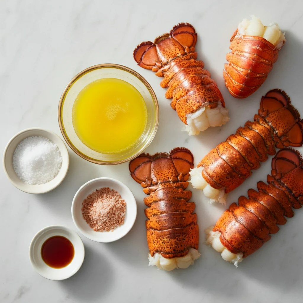 Carnivore Lobster Tails Raw ingredients for carnivore lobster tails, including a glass bowl of melted butter, small bowls of sea salt and smoked salt, and raw lobster tails on a cutting board.