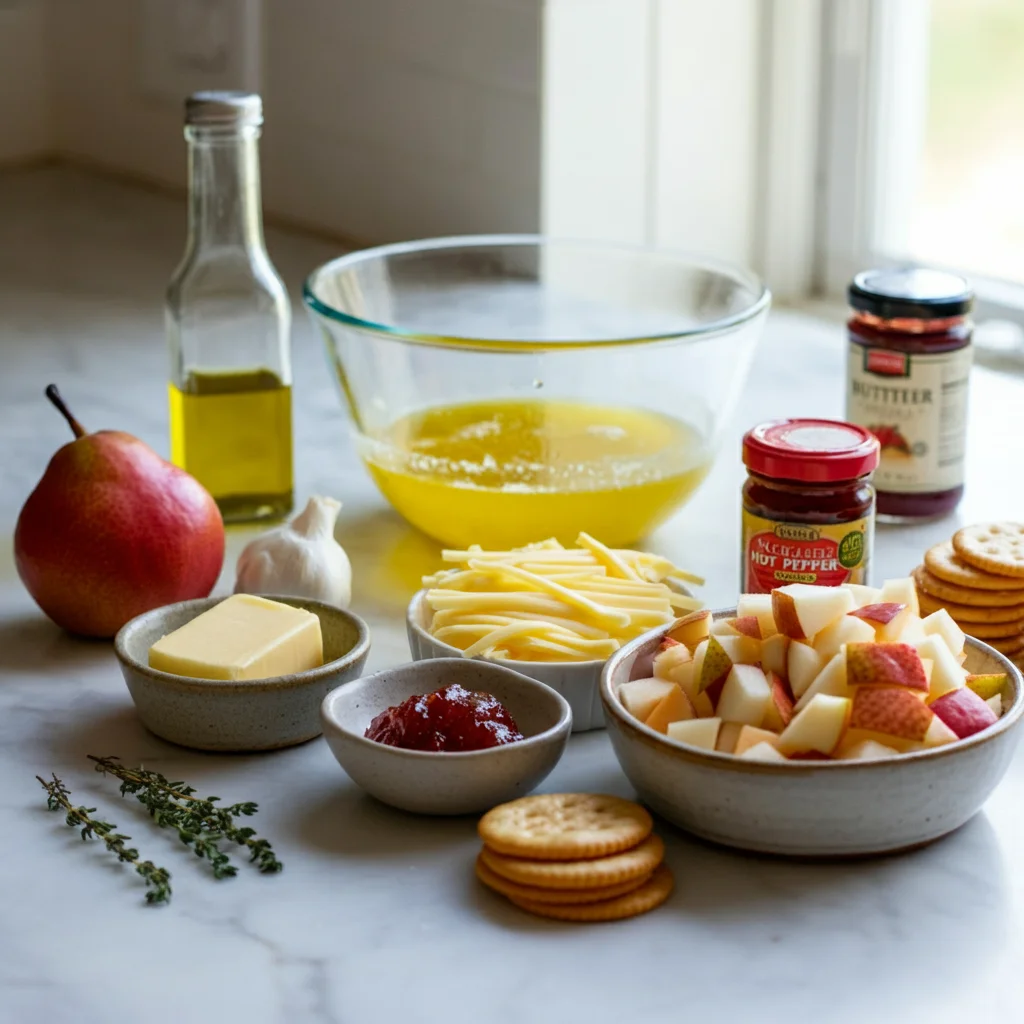 Spicy Pear-And-Cheddar Bites Ingredients for Spicy Pear-And-Cheddar Bites in a glass bowl or small ceramic bowls, including cheese, pears, crackers, jelly, and herbs on a marble countertop.