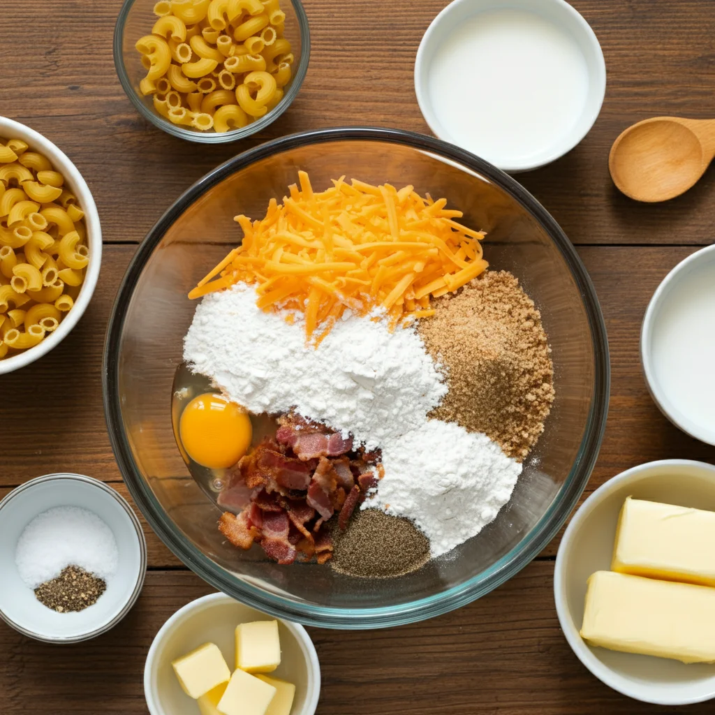 Baked Mac and Cheese Ingredients for Baked Mac and Cheese with Bacon, including cheeses, bacon, breadcrumbs, and seasonings in a glass bowl, surrounded by pasta and milk on a wooden countertop.