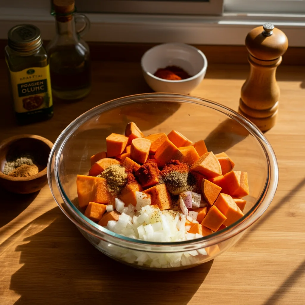 WW Roasted Sweet Potatoes Glass bowl with cubed sweet potatoes, onions, olive oil, and spices on a wooden countertop, surrounded by small bowls of ingredients.