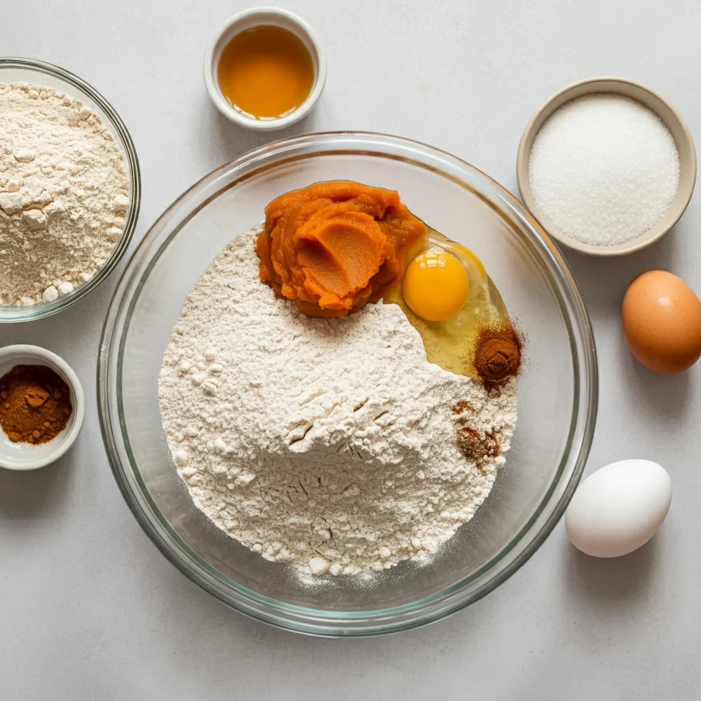 WW Pumpkin Spice Doughnuts Ingredients for pumpkin spice doughnuts in a glass bowl, surrounded by small bowls on a marble countertop with natural light.