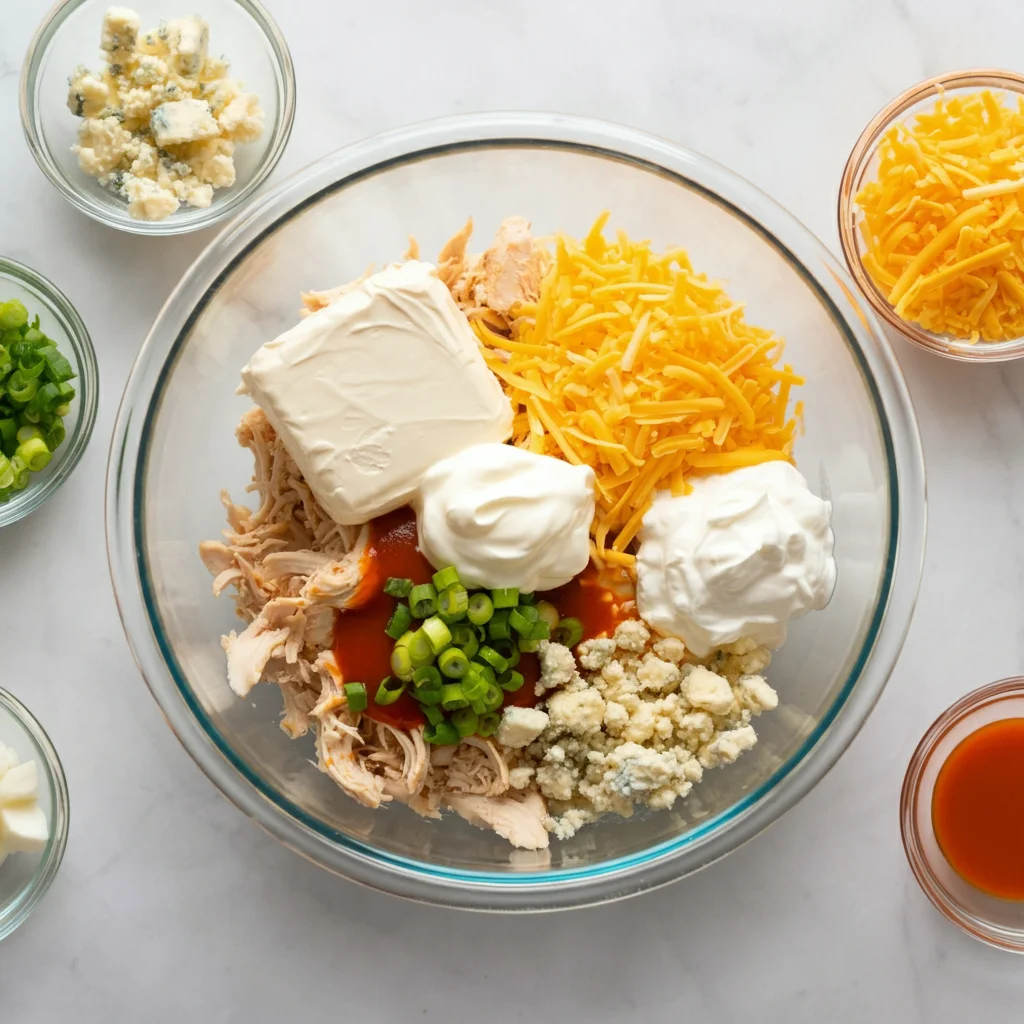 Keto Buffalo Chicken Dip Glass bowl with shredded chicken, cream cheese, buffalo sauce, sour cream, mozzarella, and cheddar cheese, surrounded by small bowls of green onions, blue cheese, and buffalo sauce.