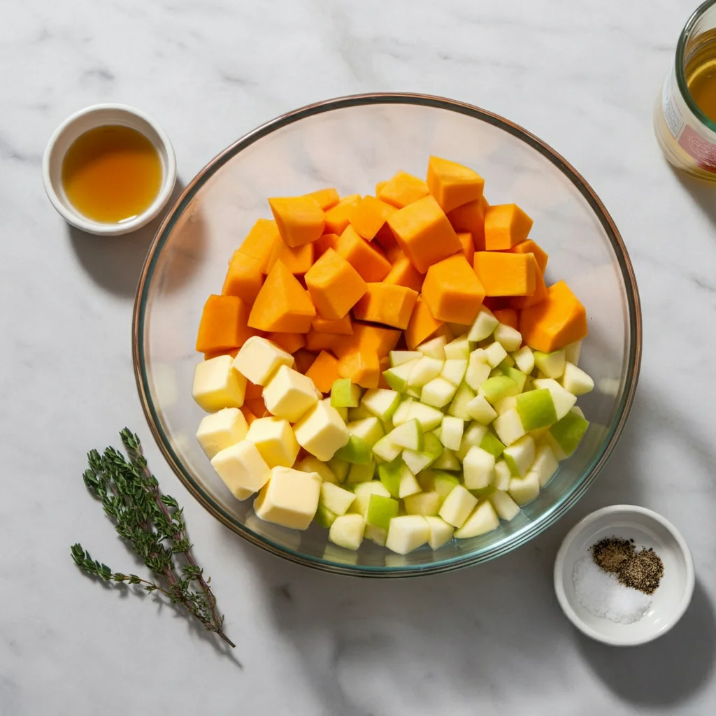 Mashed Butternut Squash with Apples Ingredients for mashed butternut squash with apples in a glass bowl, including squash, apples, butter, cider, and seasonings on a marble countertop.