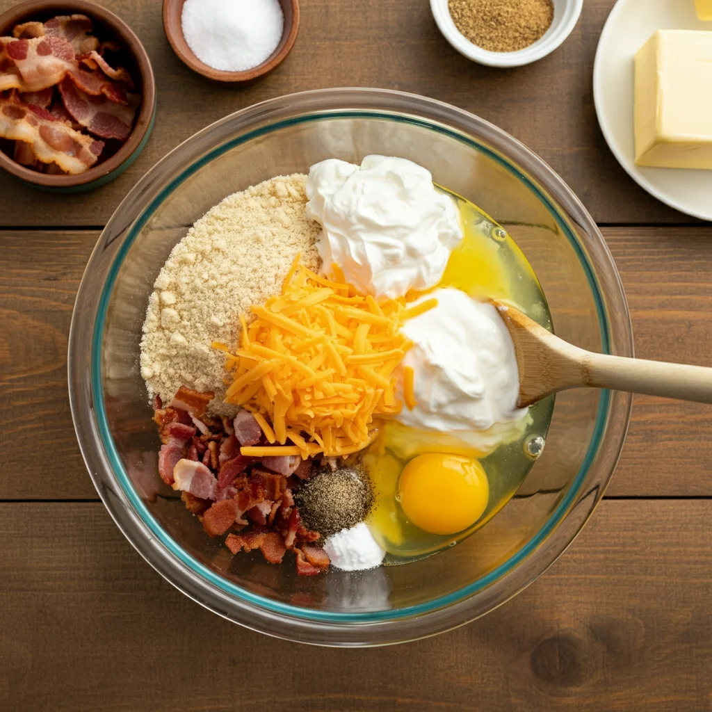 Keto Bacon & Cheese Biscuits Glass bowl with almond flour, cheddar, bacon, sour cream, butter, and egg partially mixed, surrounded by small bowls of ingredients on a wooden counter.