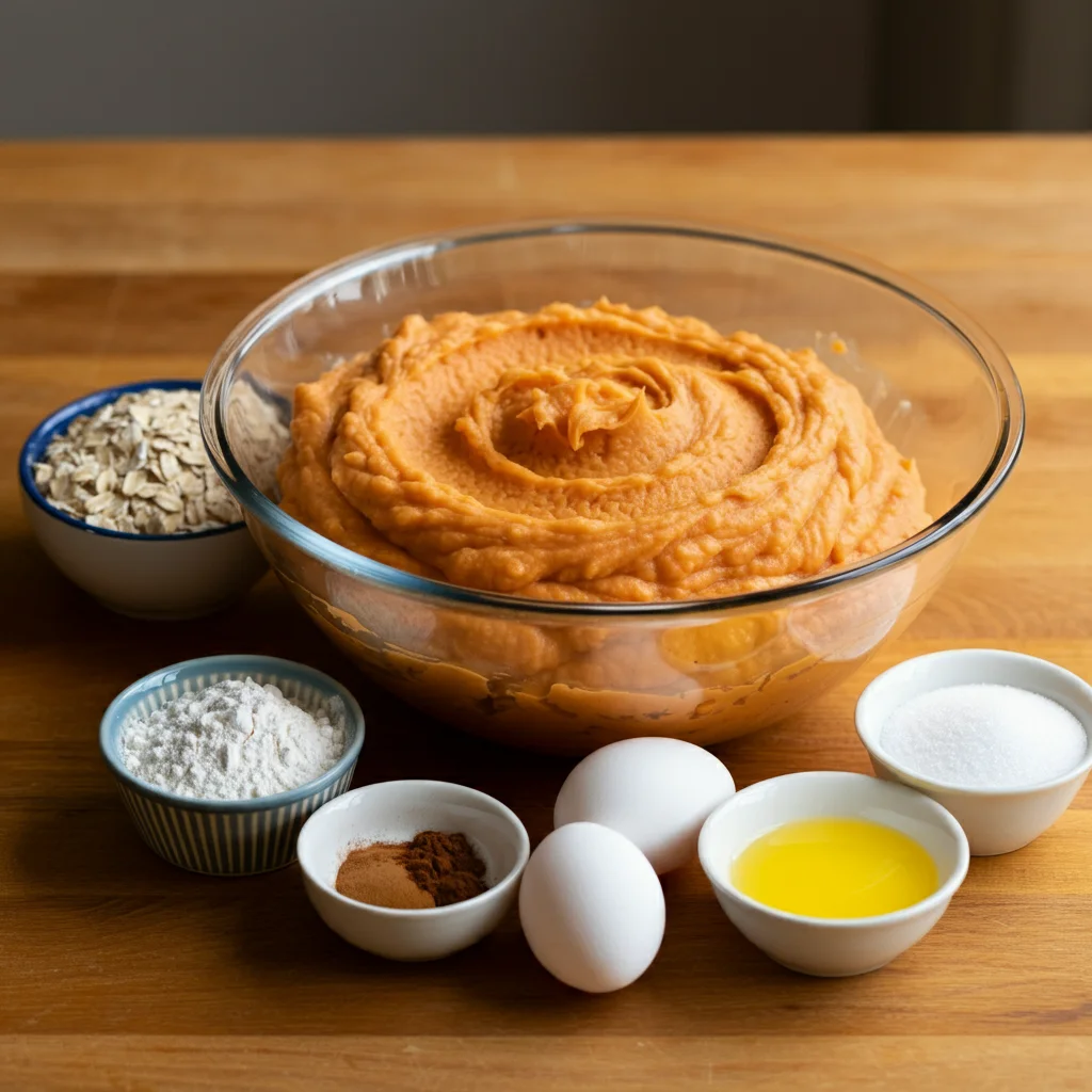 WW Sweet Potato Casserole Ingredients for WW Sweet Potato Casserole in a glass bowl, surrounded by small bowls of oats, pecans, cinnamon, and eggs on a wooden surface.