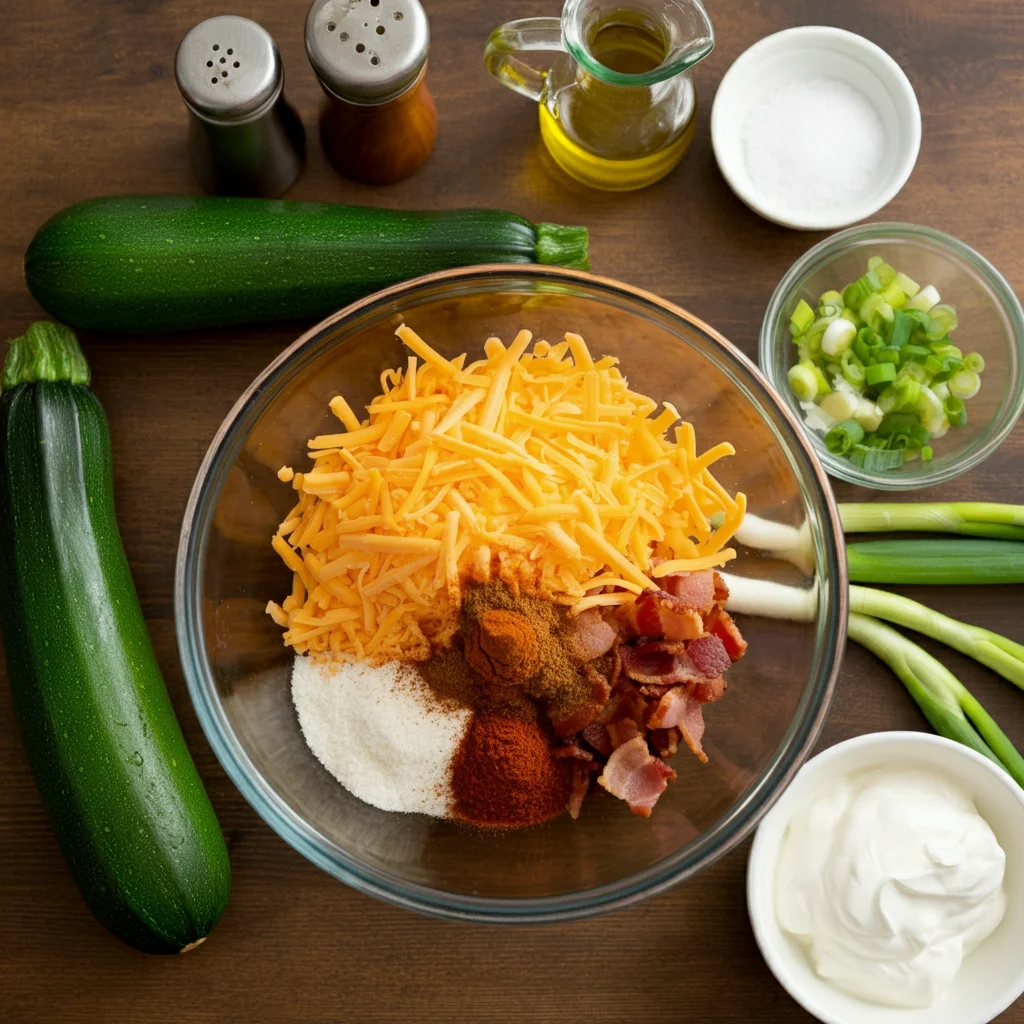 Keto Loaded Zucchini Skins Ingredients for Keto Loaded Zucchini Skins in a glass bowl with halved zucchinis, cheese, bacon, and spices on a rustic counter.