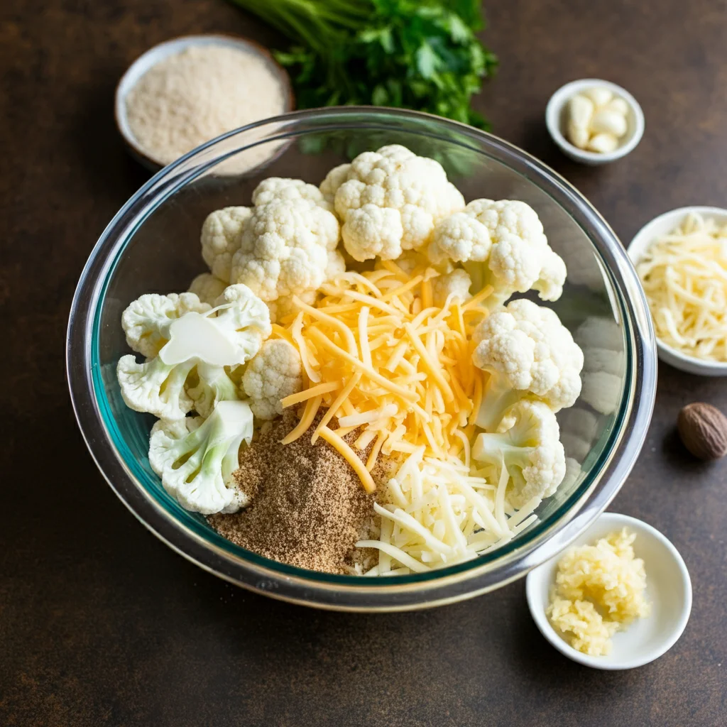 WW Cauliflower Gratin with Crispy Panko Topping
Cauliflower florets, shredded cheese, panko, and garlic in a glass bowl on a rustic counter.