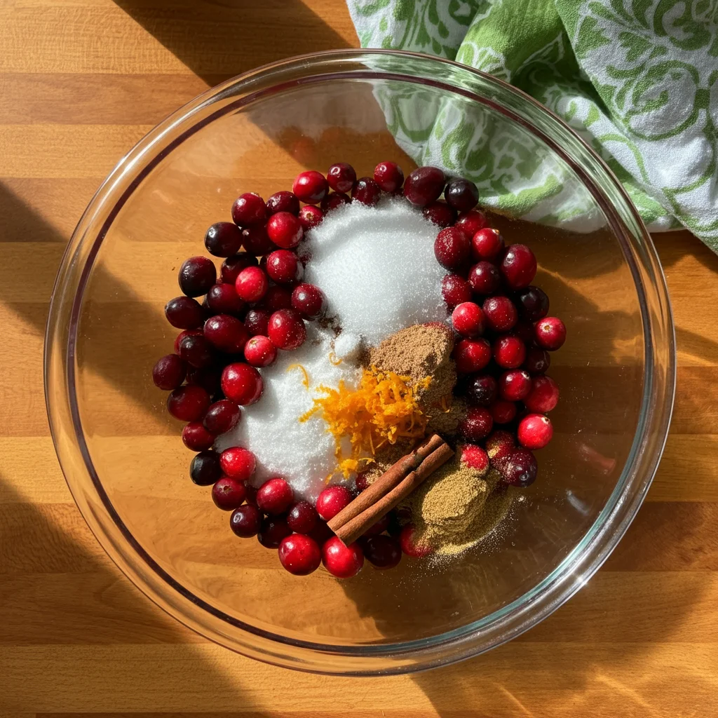 Keto Cranberry Sauce Top-down view of cranberries, sugar substitute, orange zest, cinnamon stick, nutmeg, and water in a glass bowl on a wooden surface with a green towel in the background.