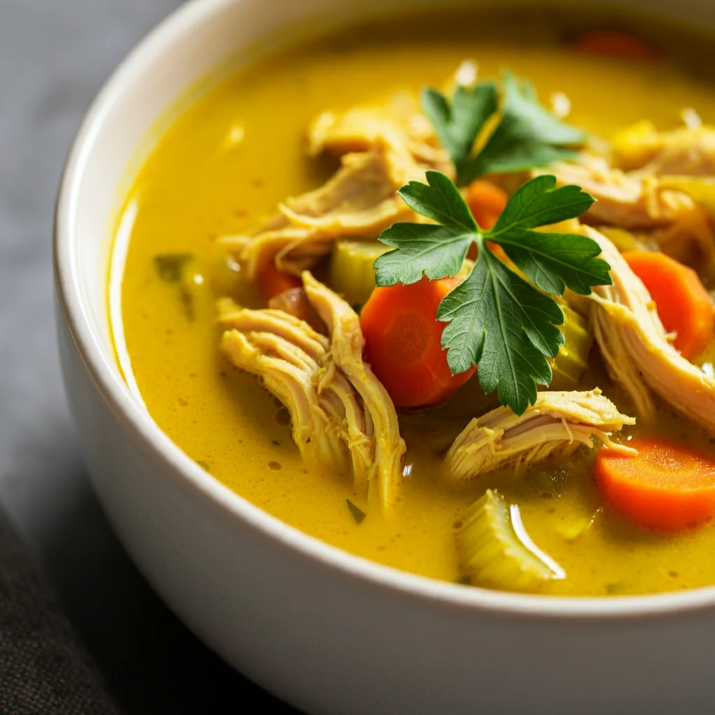 Anti-Inflammatory Turmeric Chicken Soup Casual handheld photo of turmeric chicken soup in a bowl, with shredded chicken, carrots, celery, and parsley in a golden broth on a kitchen table.