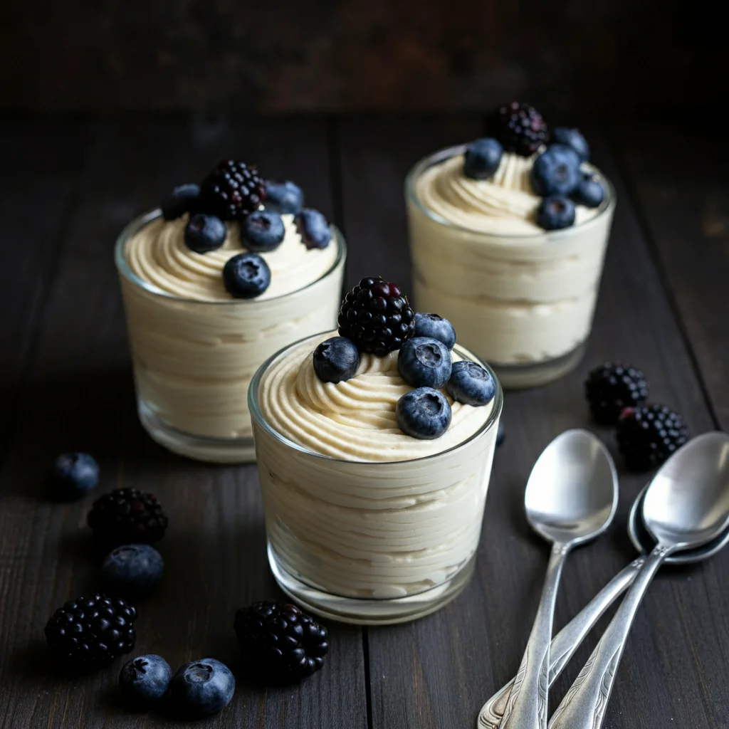 Keto Fluffy Cheesecake Handheld shot of Keto Cheesecake Mousse in glass dessert cups topped with strawberries, blueberries, and blackberries, with scattered berries and spoons on a dark wooden table.