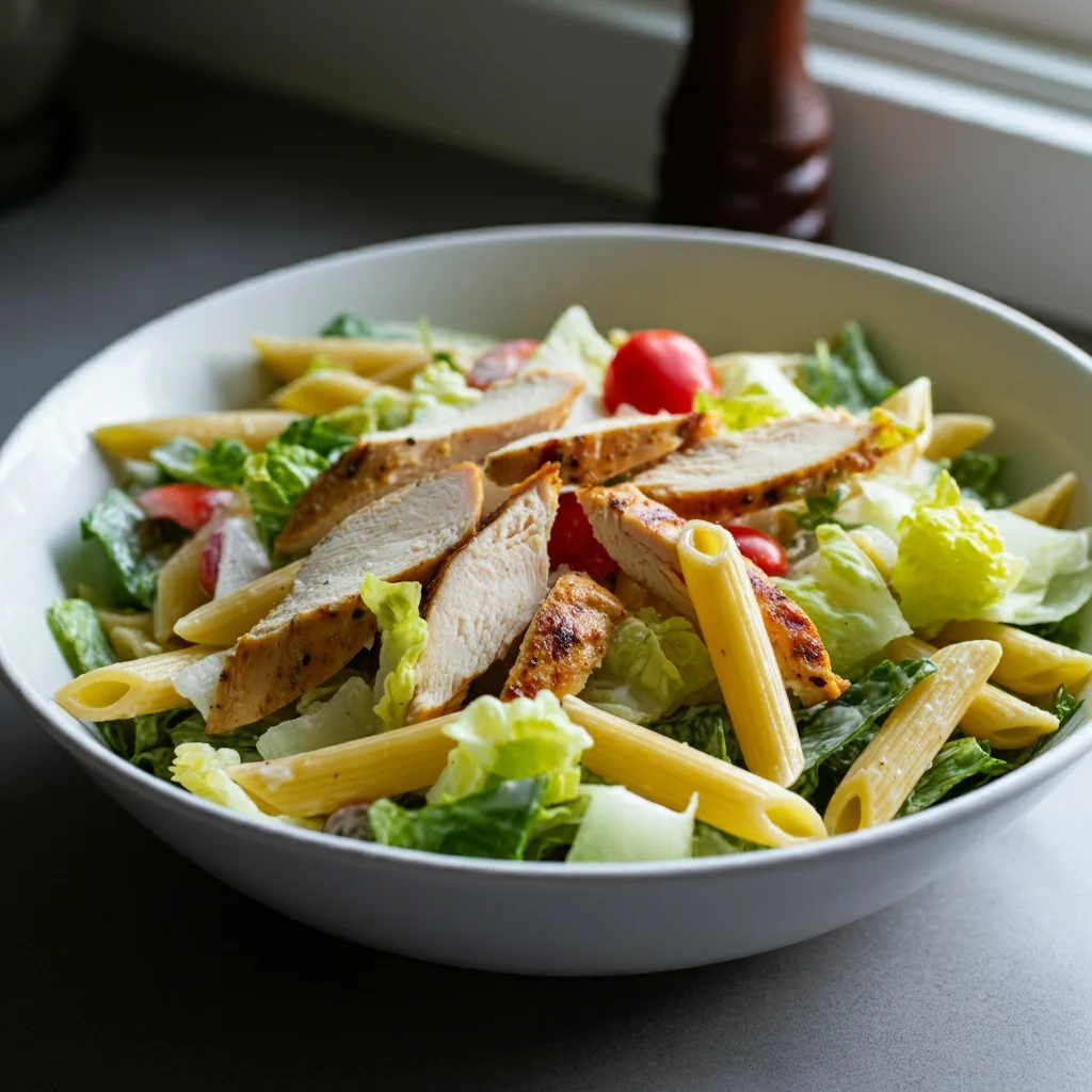 Chicken Caesar Pasta Salad Casual mobile photo of prepared Chicken Caesar Pasta Salad in a white bowl with grilled chicken, pasta, romaine, and cherry tomatoes, lightly coated in Caesar dressing.
