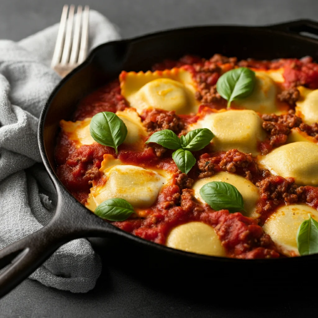 High-Protein Skillet Ravioli Lasagna Skillet ravioli lasagna with meat sauce, melted mozzarella, and basil in a cast iron skillet, captured at a casual angle with a kitchen towel nearby.