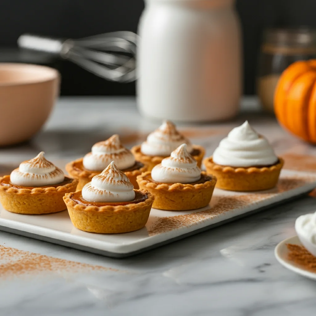 5-ingredient Pumpkin Pie Tartlets Pumpkin pie tartlets topped with whipped cream on a white plate, captured casually on a marble countertop with blurred kitchen tools.