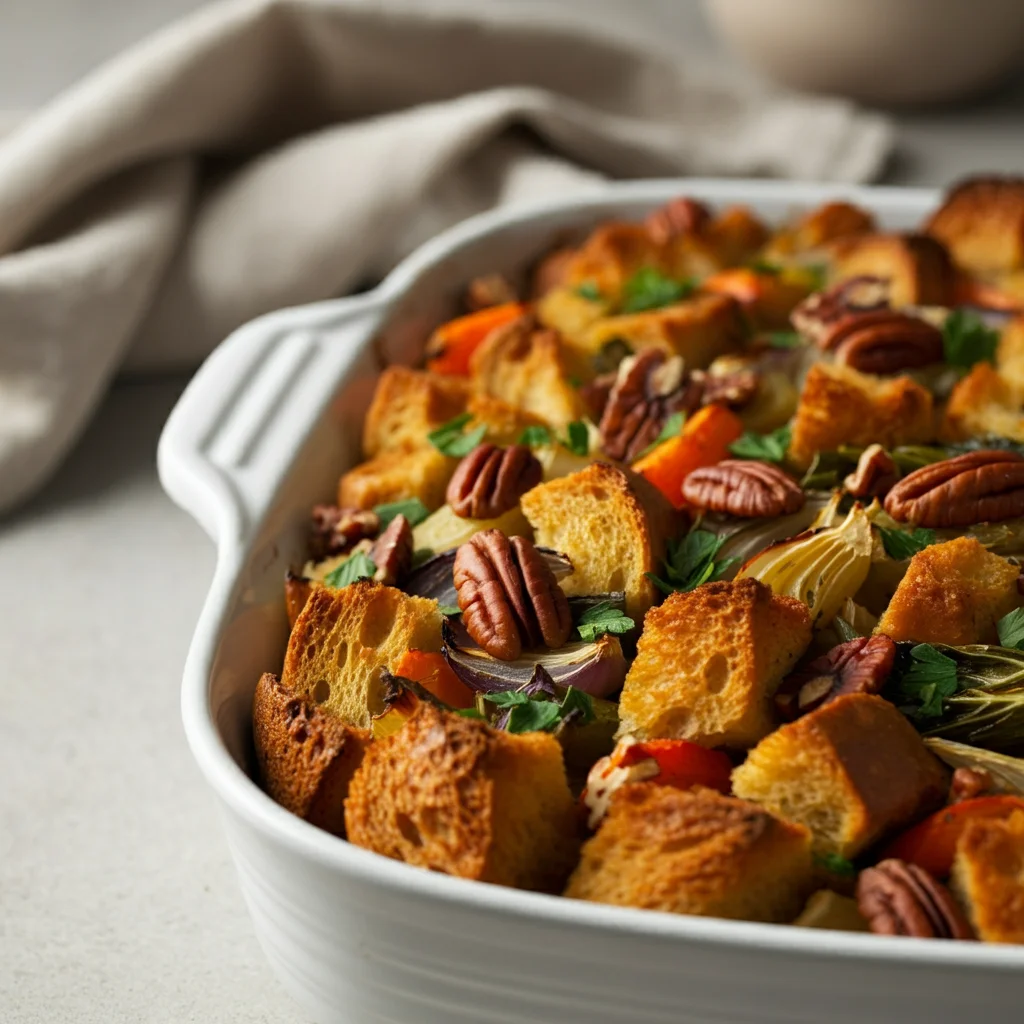Roasted Vegetable & Herb Stuffing Handheld photo of roasted vegetable and herb stuffing in a white casserole dish with crispy topping and parsley garnish.