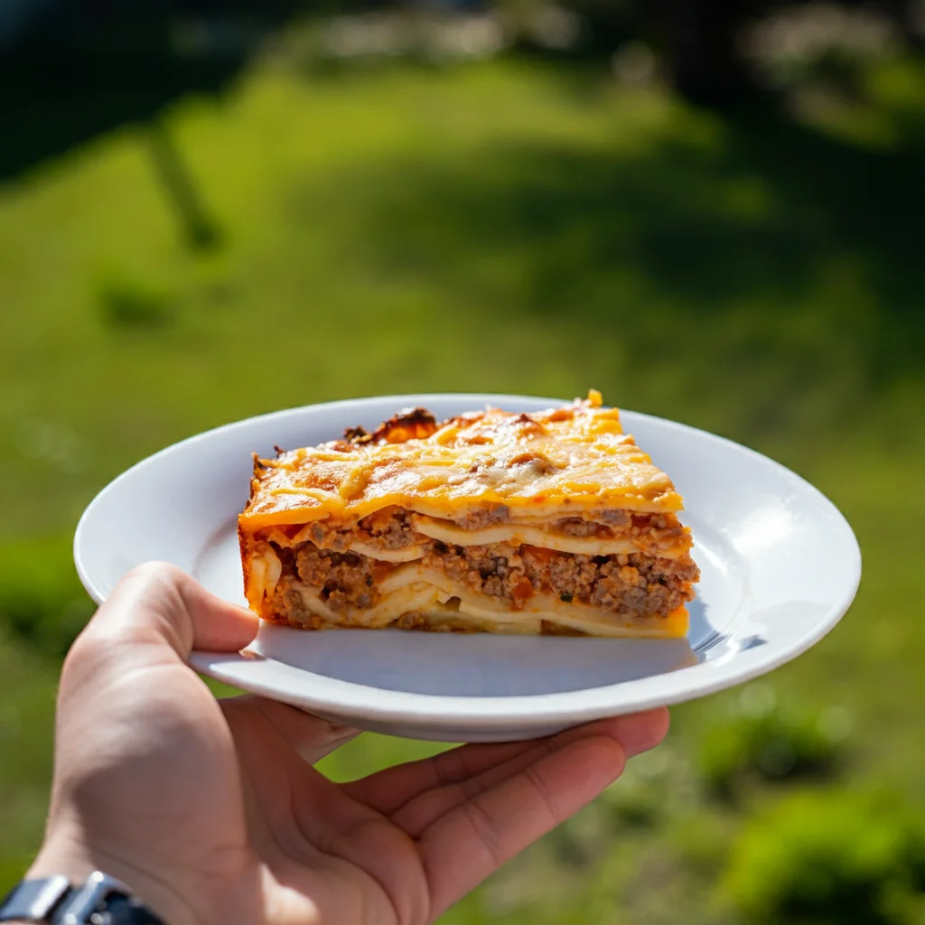 Carnivore Casserole Handheld photo of a carnivore casserole slice on a white plate outdoors, showing a golden crust and cheese layers.