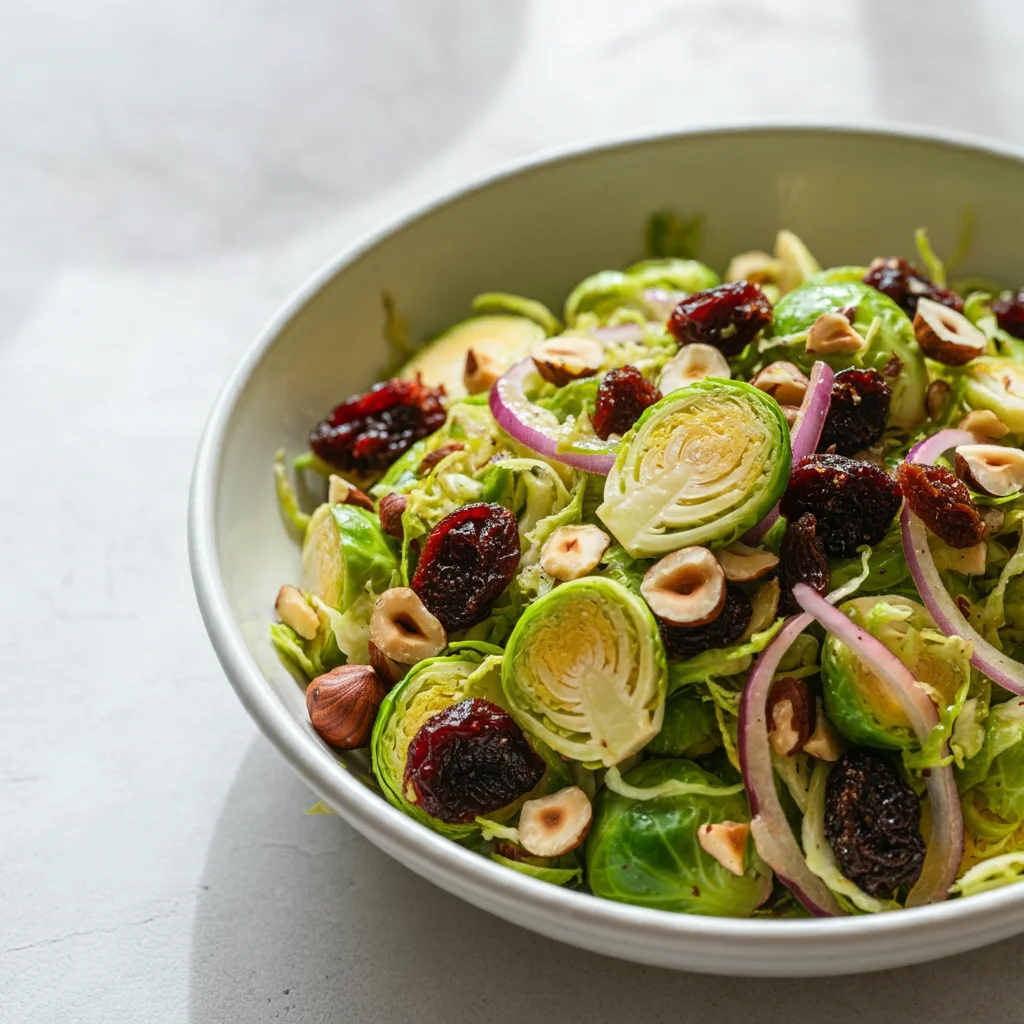 Brussels Sprouts Salad with Dried Cherries & Hazelnuts Handheld photo of Brussels Sprouts Salad in a white bowl with cherries, hazelnuts, and red onions on a white countertop.