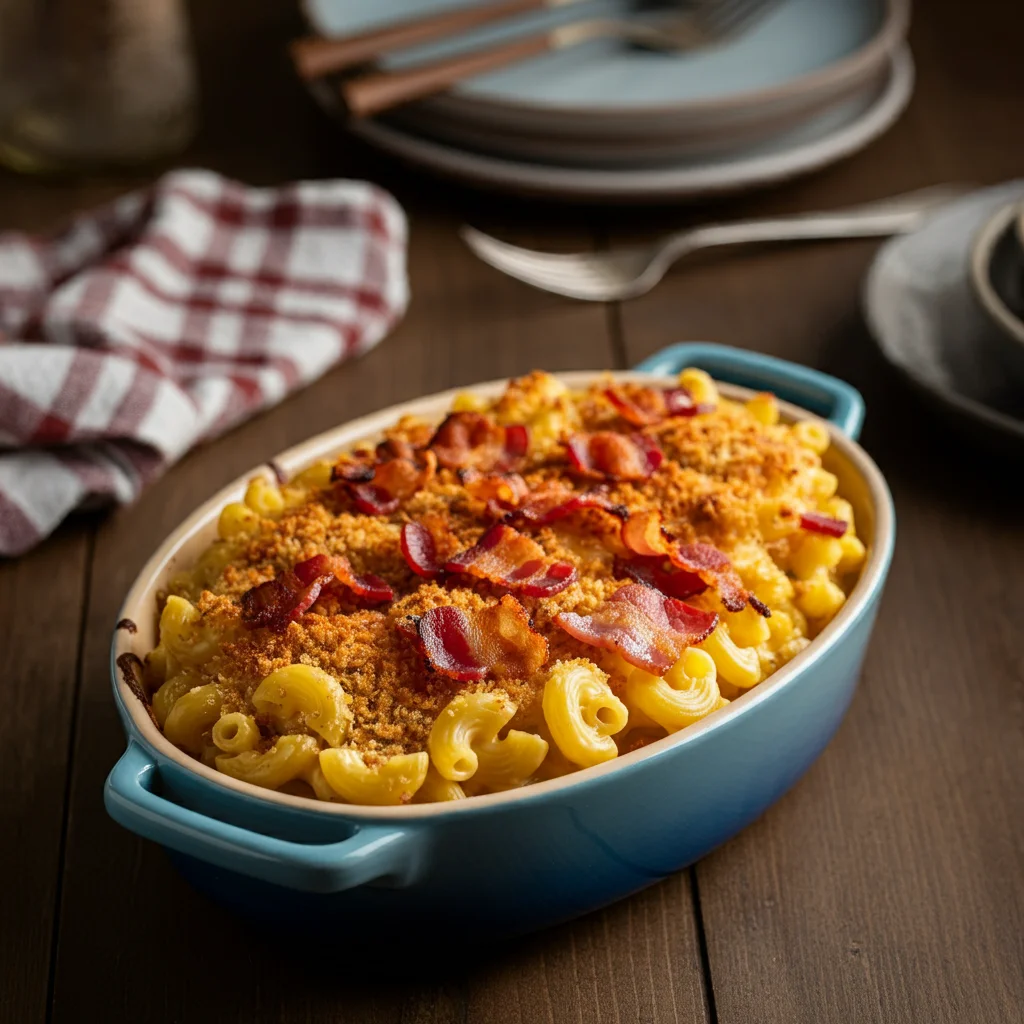 Baked Mac and Cheese Freshly baked Baked Mac and Cheese with Bacon in a blue baking dish, topped with golden breadcrumbs and bacon, placed on a casual table with simple dinnerware.