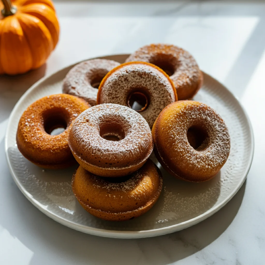 WW Pumpkin Spice Doughnuts A plate of golden-brown pumpkin spice doughnuts dusted with powdered sugar, casually captured on a marble countertop with a small pumpkin.