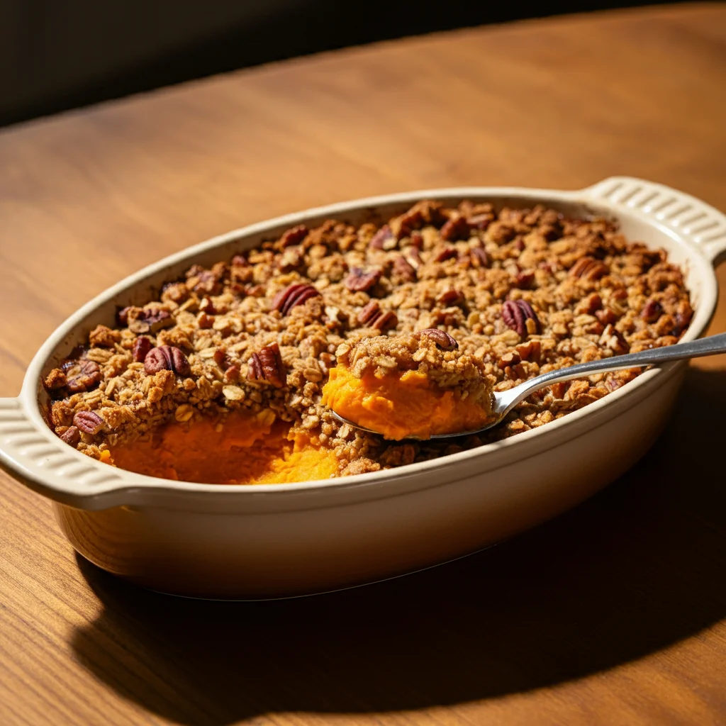 WW Sweet Potato Casserole
Baked WW Sweet Potato Casserole in a ceramic dish with oat-pecan topping and creamy filling, placed on a wooden table.