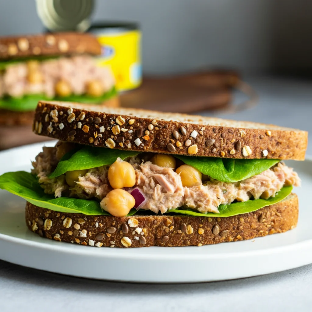 High-Protein Tuna and Chickpea Salad Sandwich Close-up of a tuna and chickpea salad sandwich with visible creamy filling, shot from above on a rustic surface with a blurred background.
